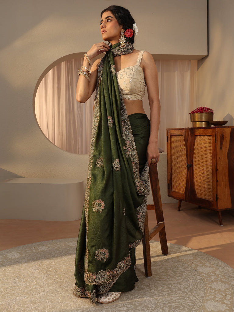 Libas Green Floral Embroidered Glossy Chiffon Saree