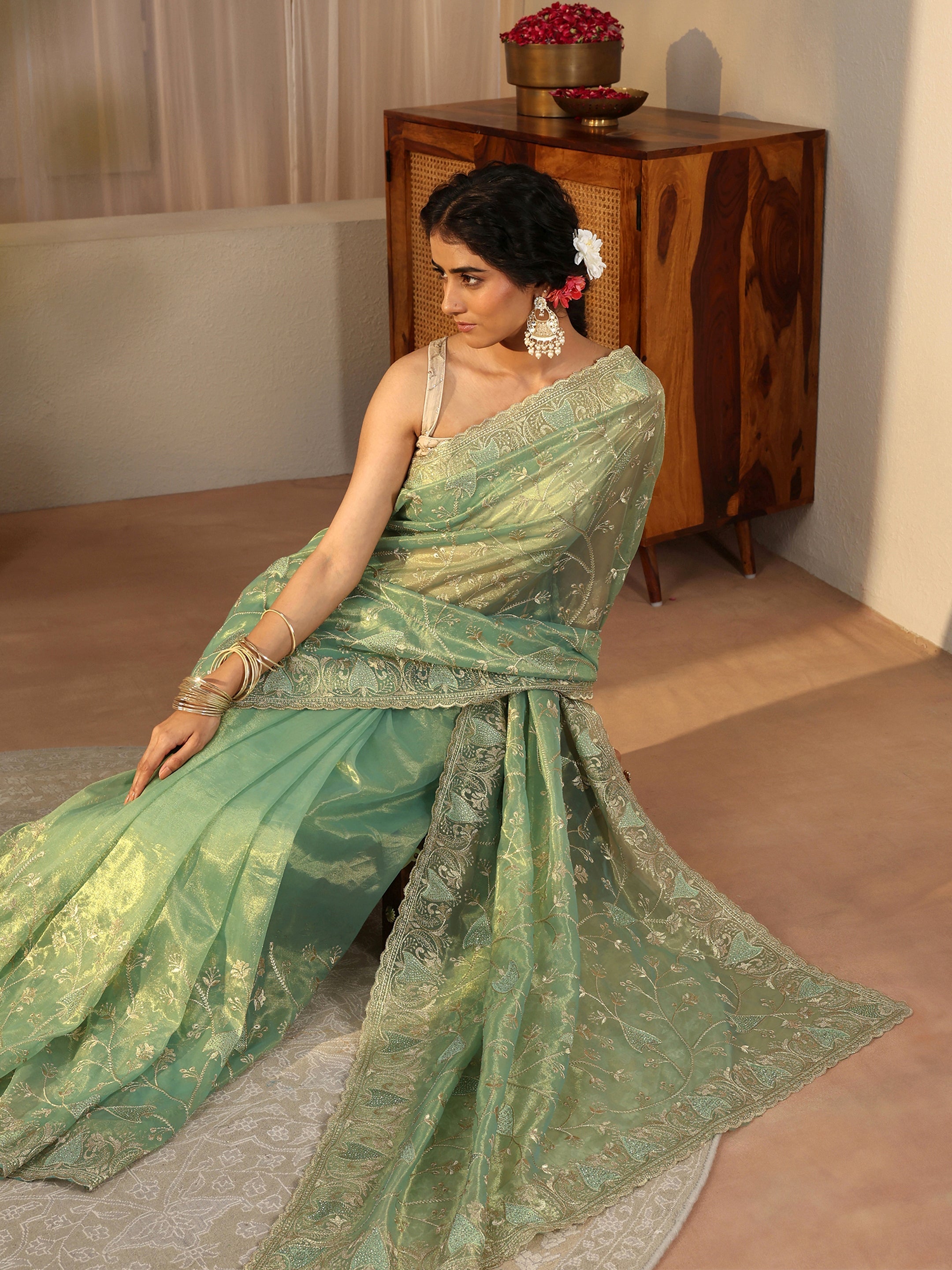 libas Green Floral Embroidered Glossy Net Saree-picture-60