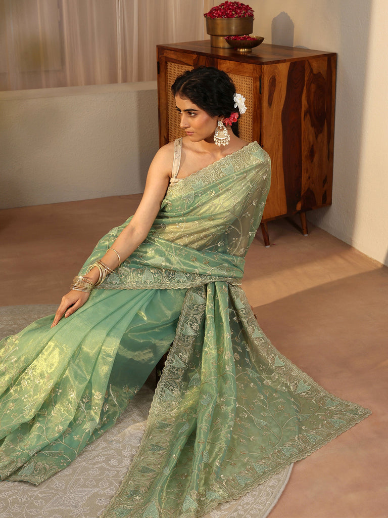 Libas Green Floral Embroidered Glossy Net Saree