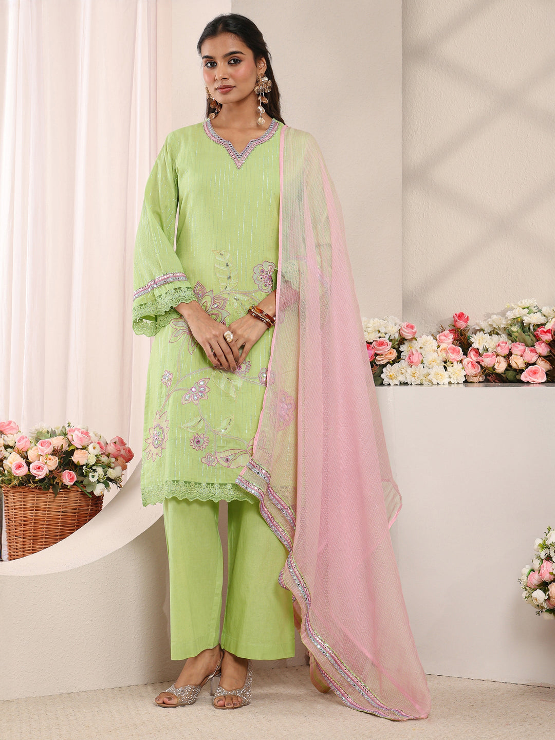  Green Floral Embroidered Mirror Work Cotton Straight Suit Set with Dupatta 