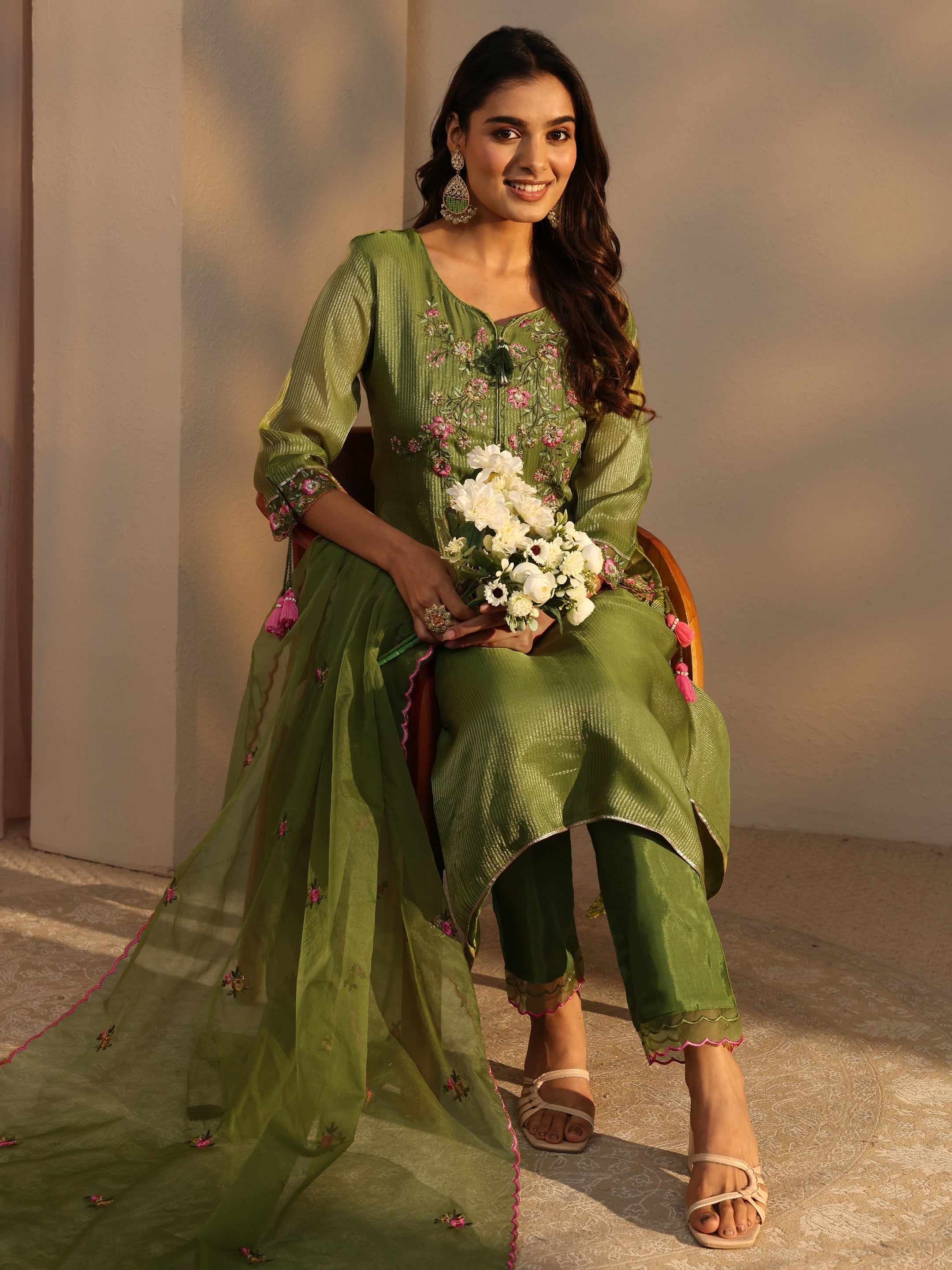 libas Green Floral Embroidered Organza A-Line Suits Set With Dupatta-picture-26