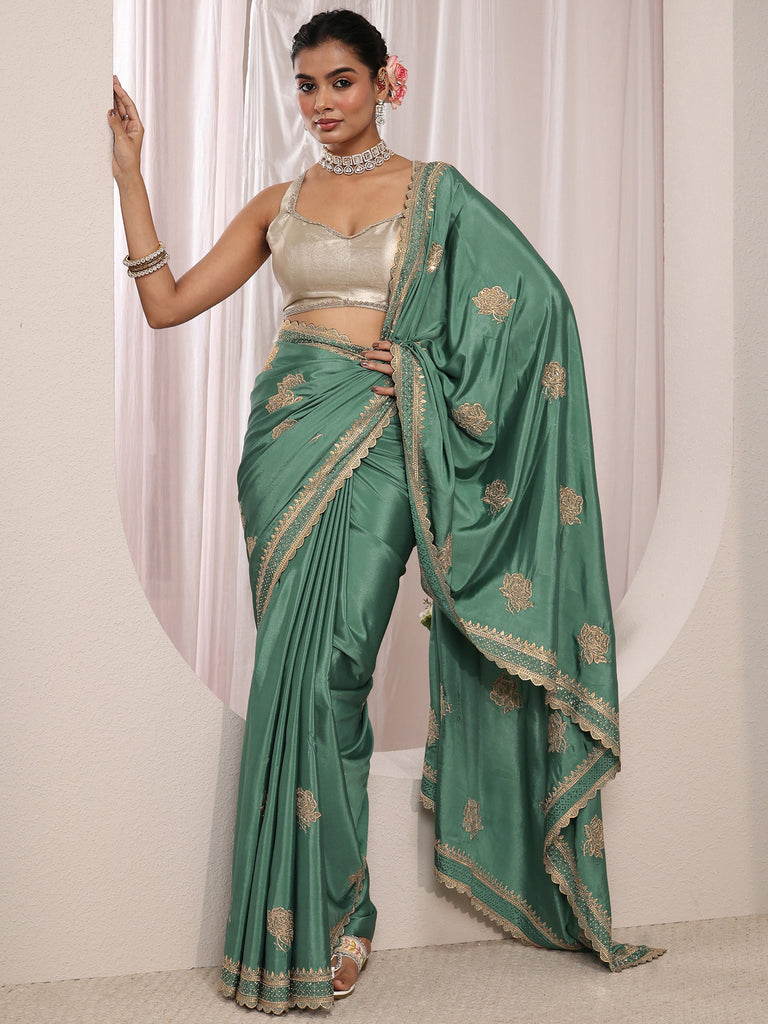 Libas Green Floral Embroidered Satin Saree With Unstitched Blouse Piece