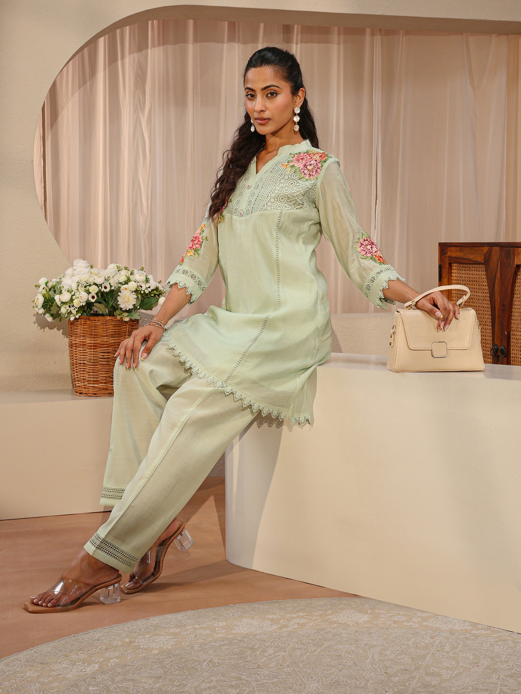 libas Green Floral Embroidered Silk Blend A-Line Kurta Set-picture-22