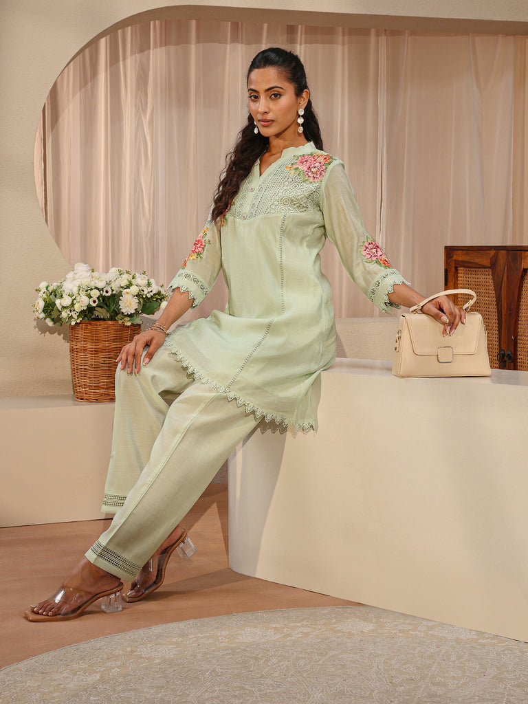 Libas Green Floral Embroidered Silk Blend A-Line Kurta Set