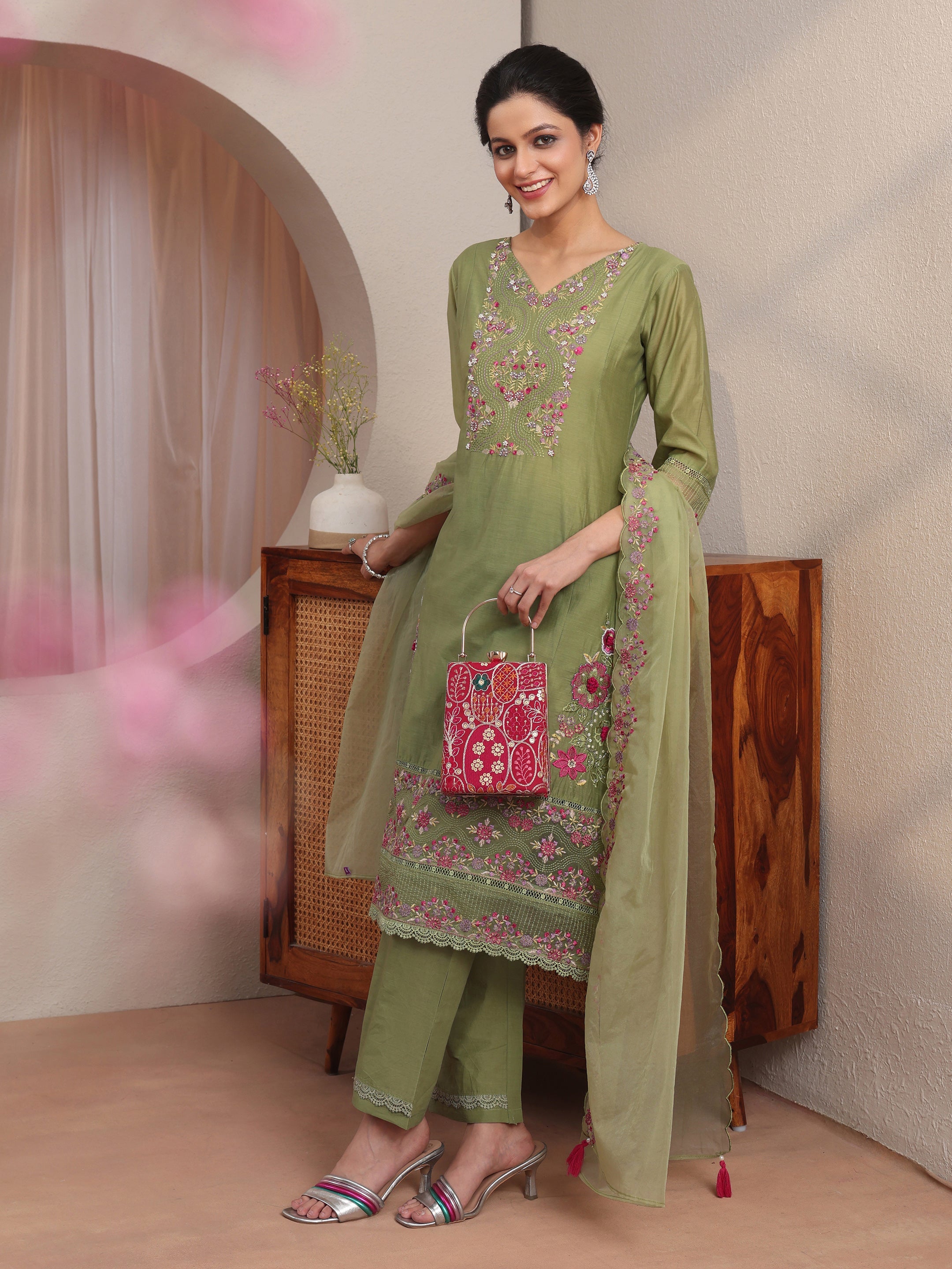 libas Green Floral Embroidered Silk blend A-Line Suit Set-picture-25