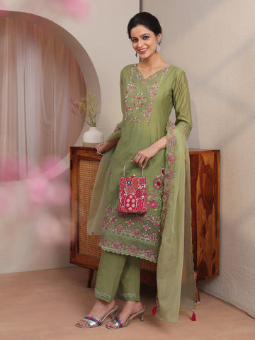 Green Floral Embroidered Silk blend A-Line Suit Set
