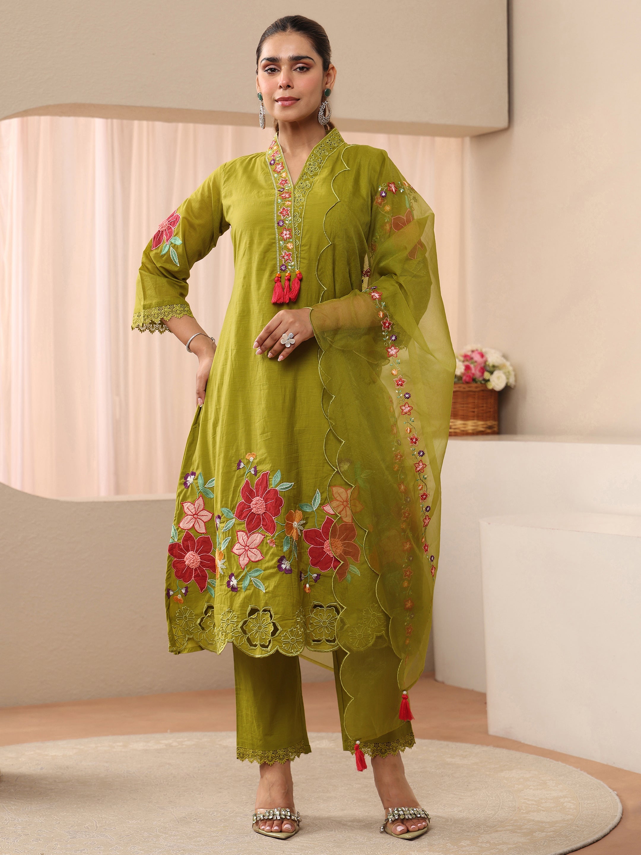 libas Green Floral Embroidered Silk Blend A-Line Suit Set-picture-37