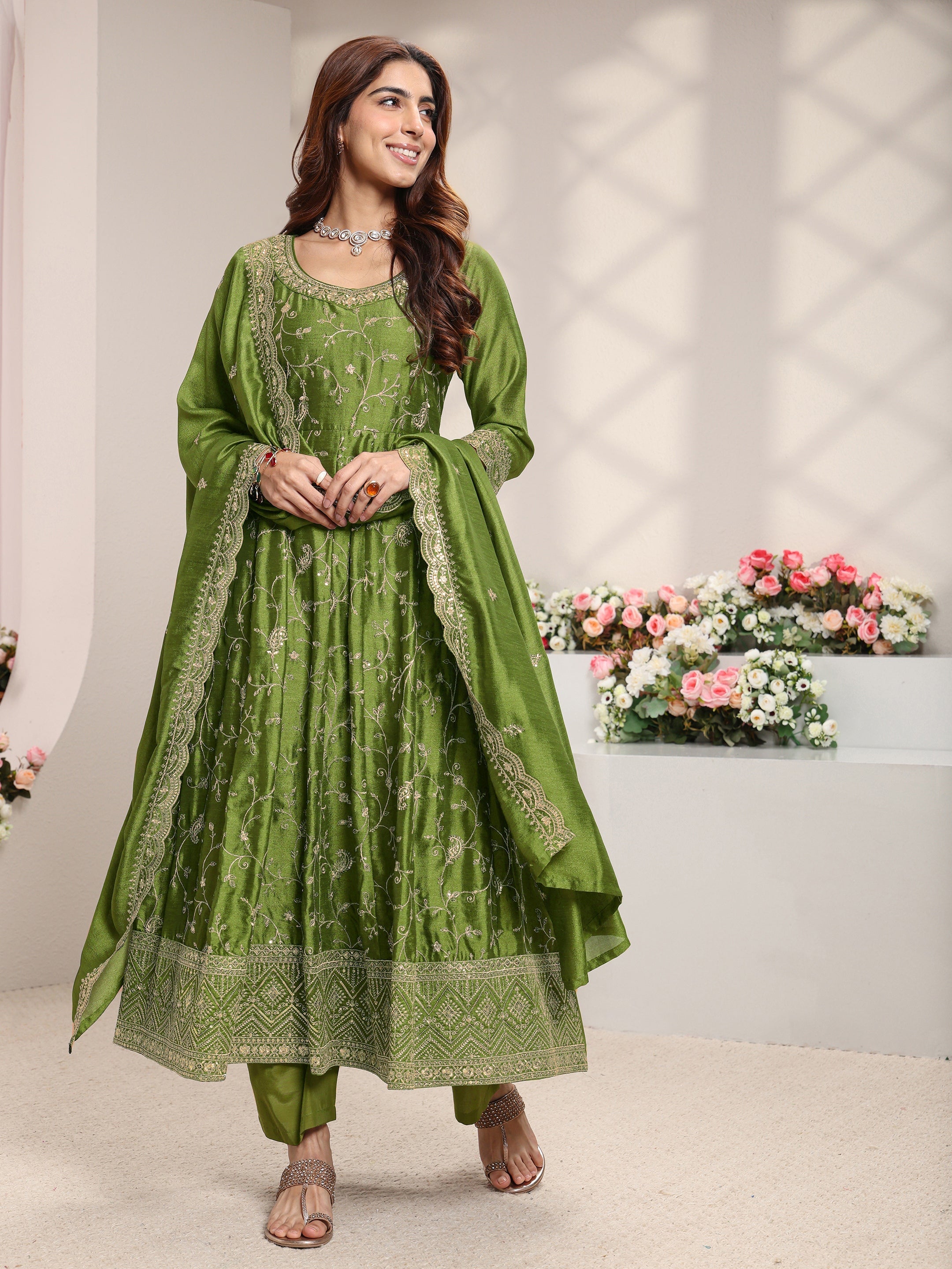 Libas Green Floral Embroidered Silk Blend Anarkali Suit Set With Dupatta-image-35