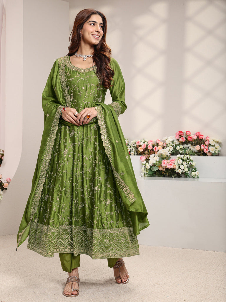 Libas Green Floral Embroidered Silk Blend Anarkali Suit Set With Dupatta