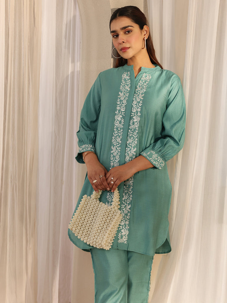 Libas Green Floral Embroidered Silk Blend Co-Ord Set