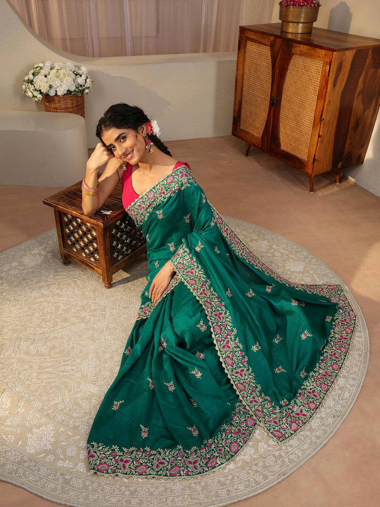 Libas Green Floral Embroidered Silk Blend Saree