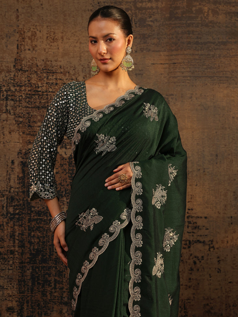 Libas Green Floral Embroidered Silk Blend Saree With Unstitched Blouse Piece