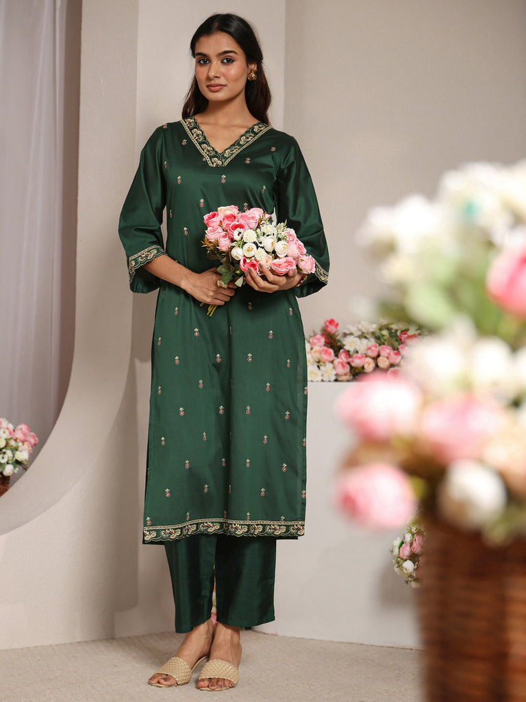 Libas Green Floral Embroidered Silk Blend Straight Kurta