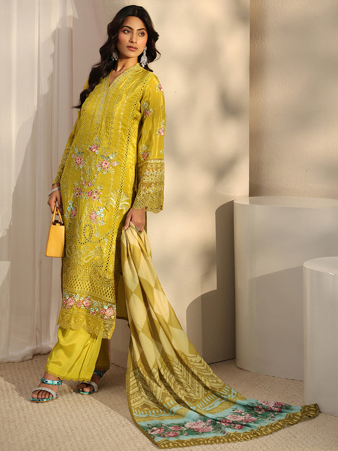 libas Green Floral Embroidered Silk Blend Straight Suit Set With Dupatta-picture-34