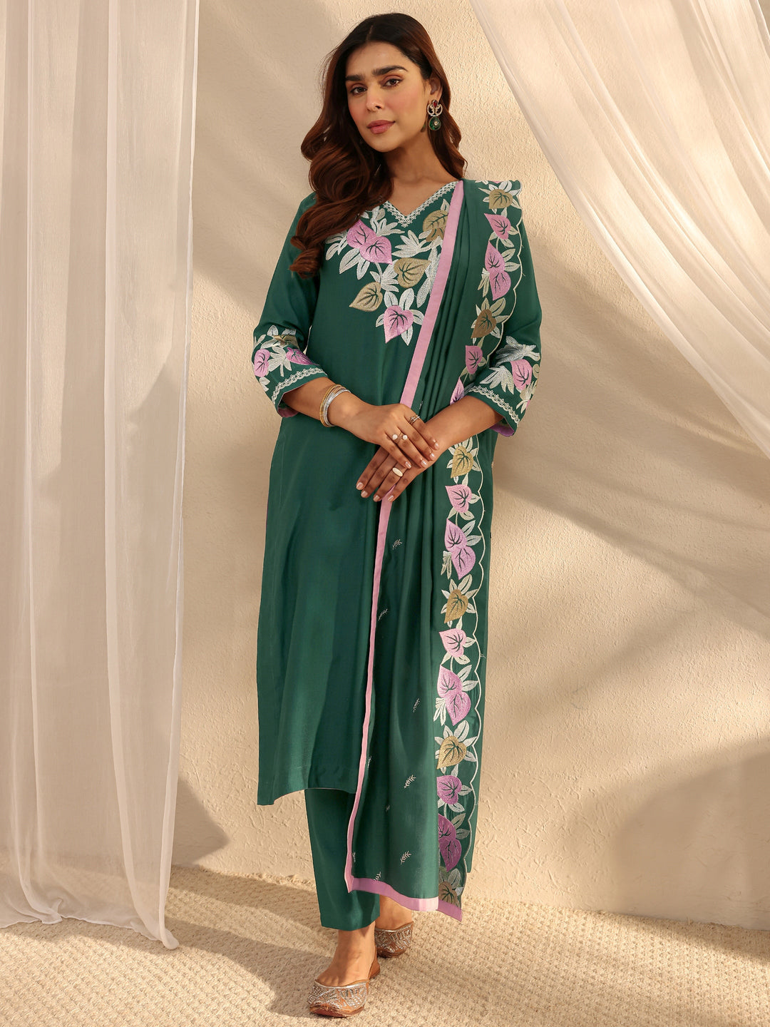  Green Floral Embroidered Silk Blend Straight Suit Set With Dupatta 