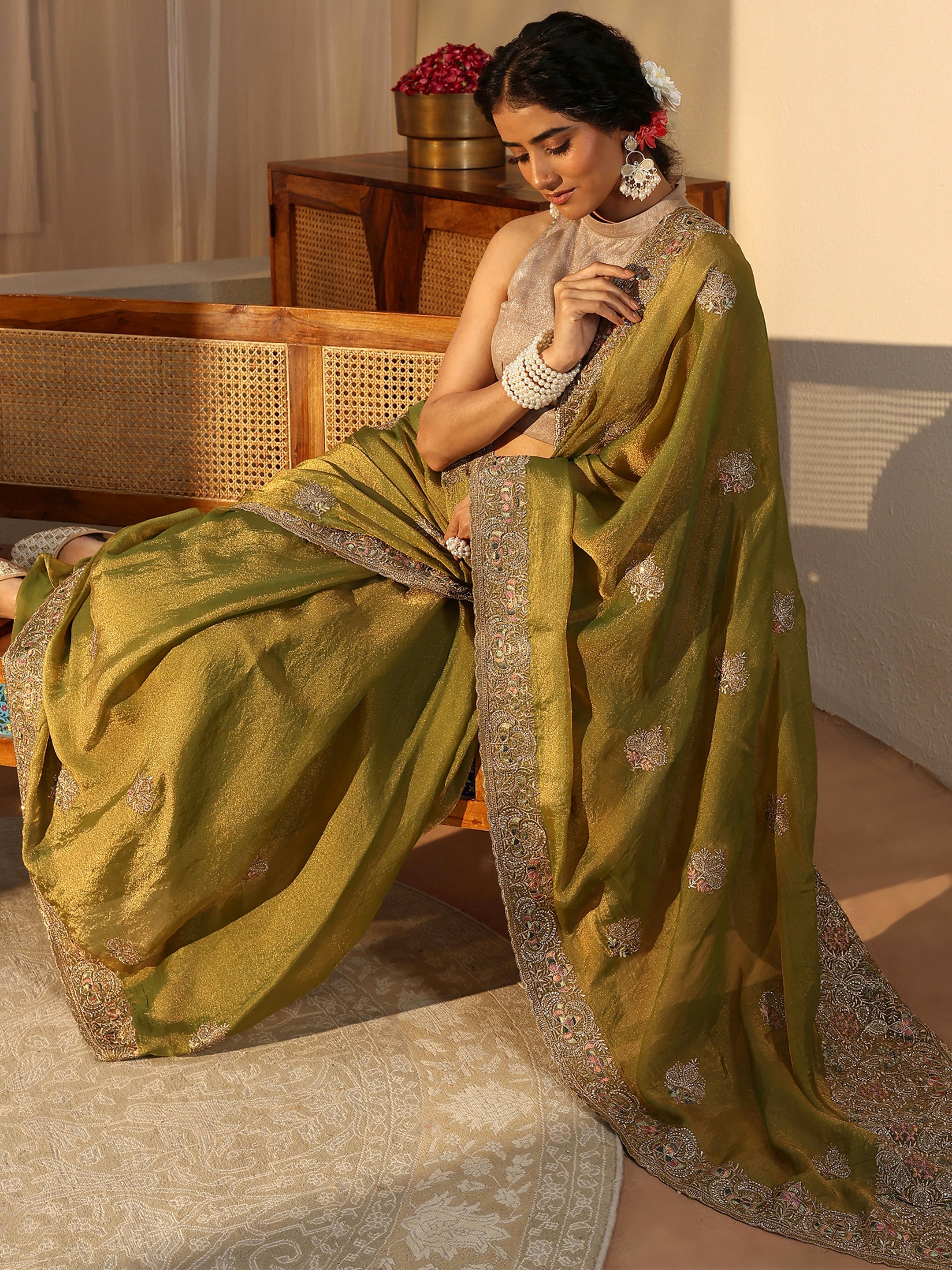 libas Green Floral Embroidered Tissue Saree-picture-36
