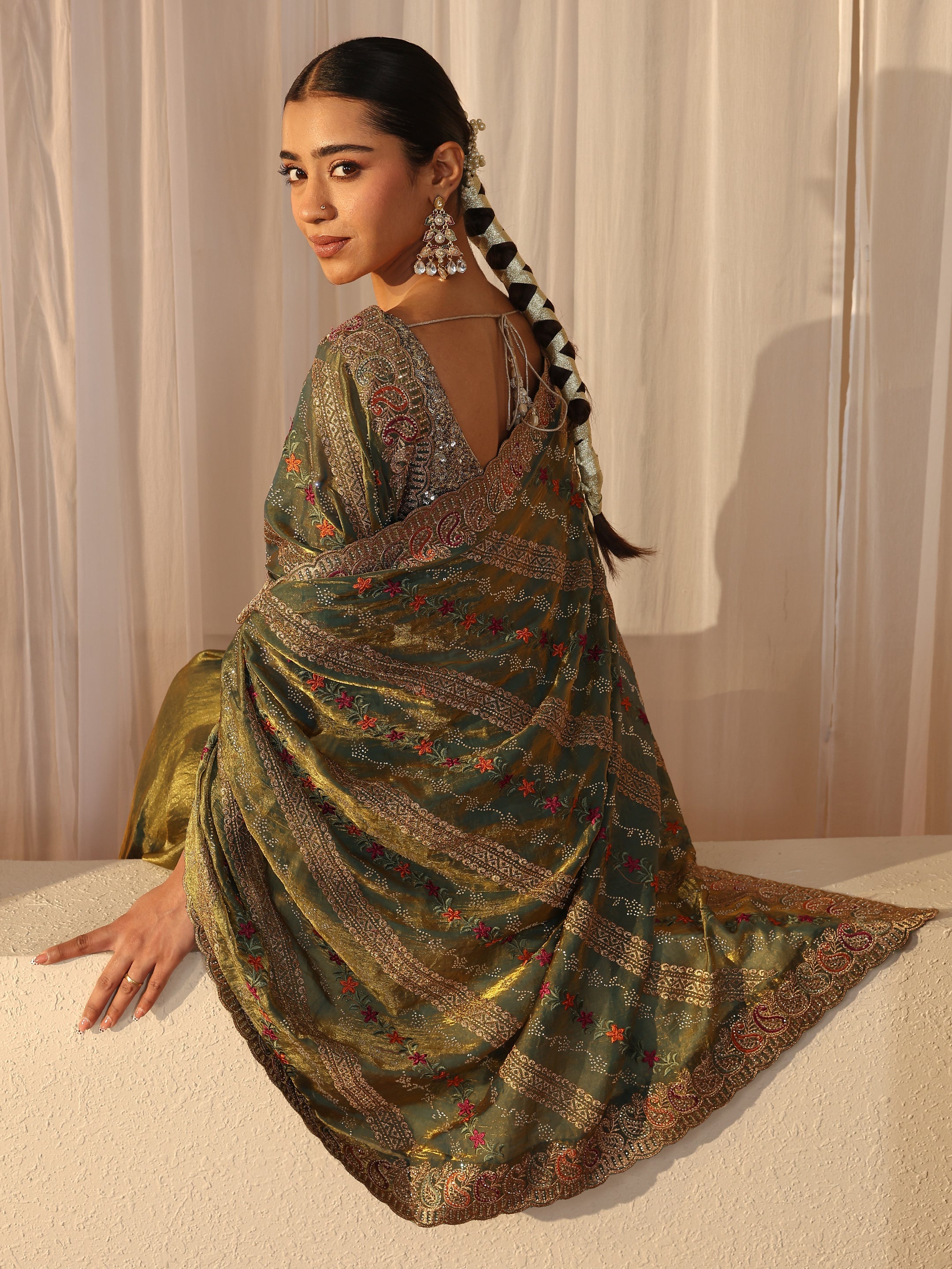 libas Green Floral Embroidered Tissue Saree-picture-46