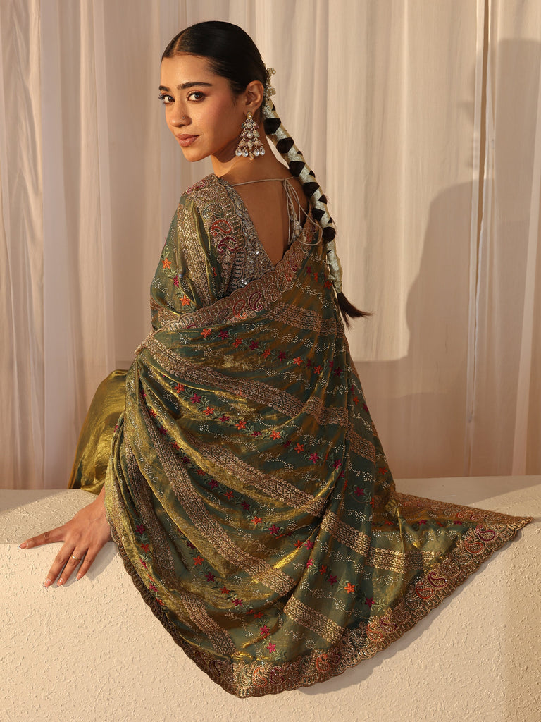 Libas Green Floral Embroidered Tissue Saree