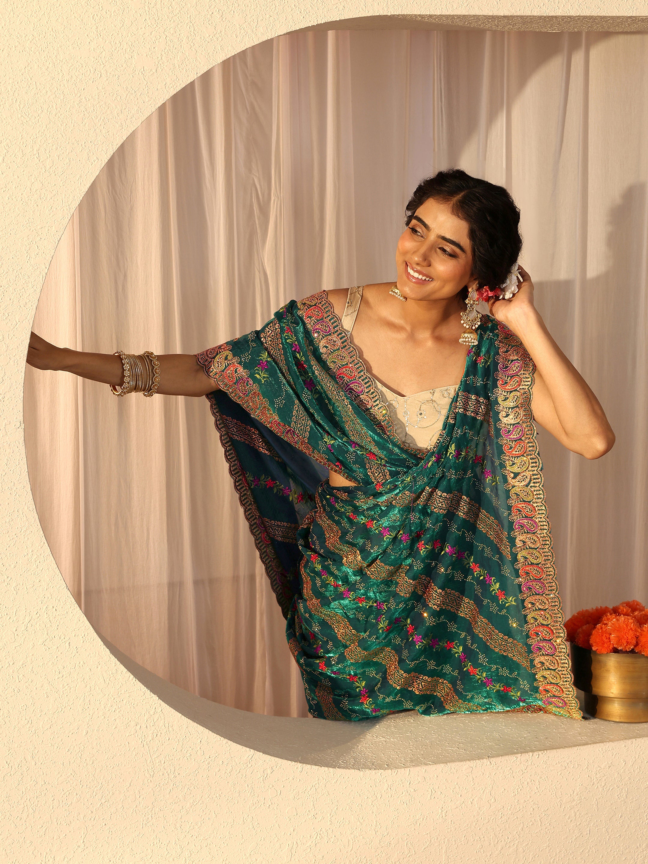 libas Green Floral Embroidered Tissue Saree-picture-51