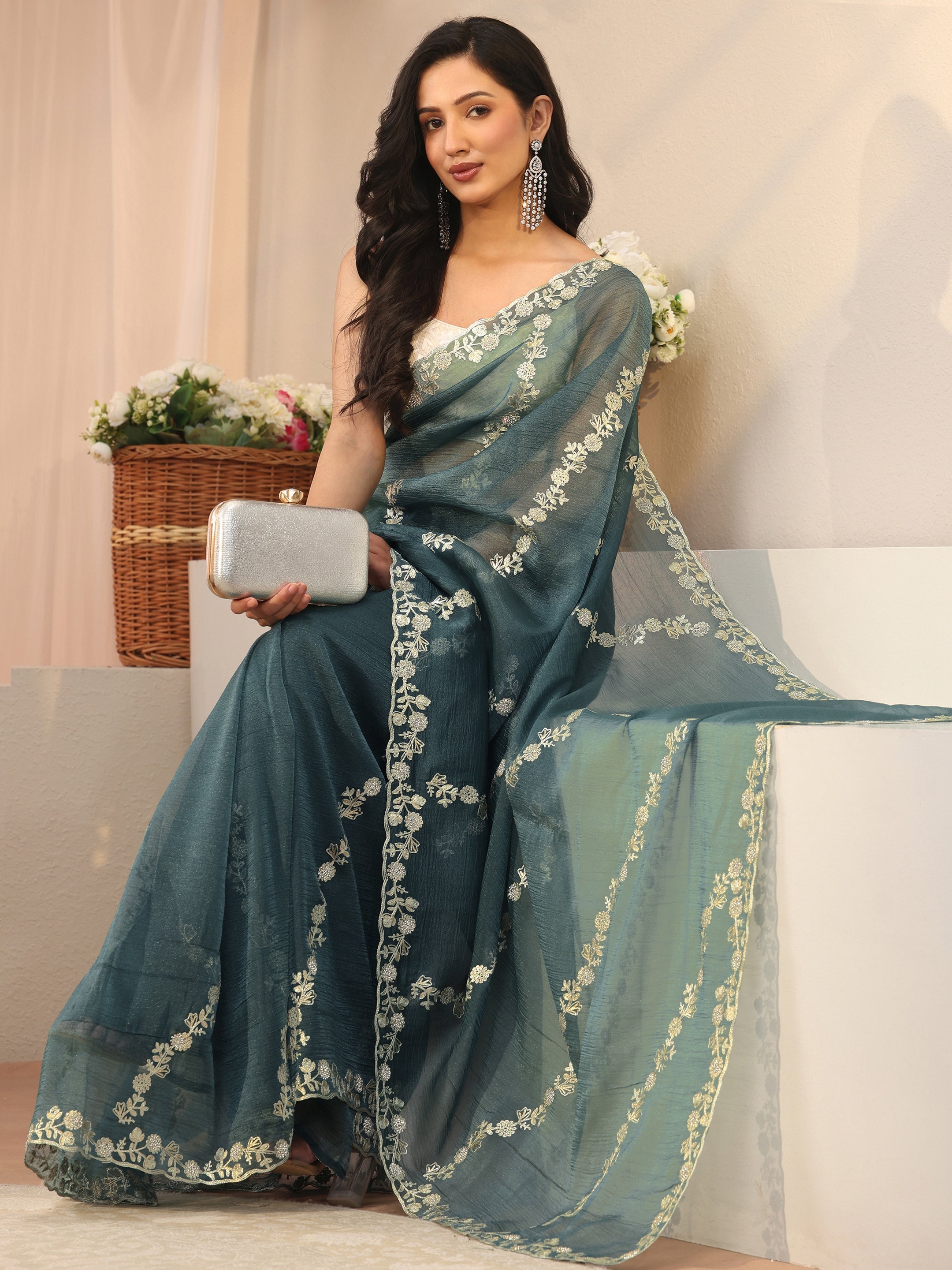 libas Green Floral Embroidered Tissue Saree-picture-33