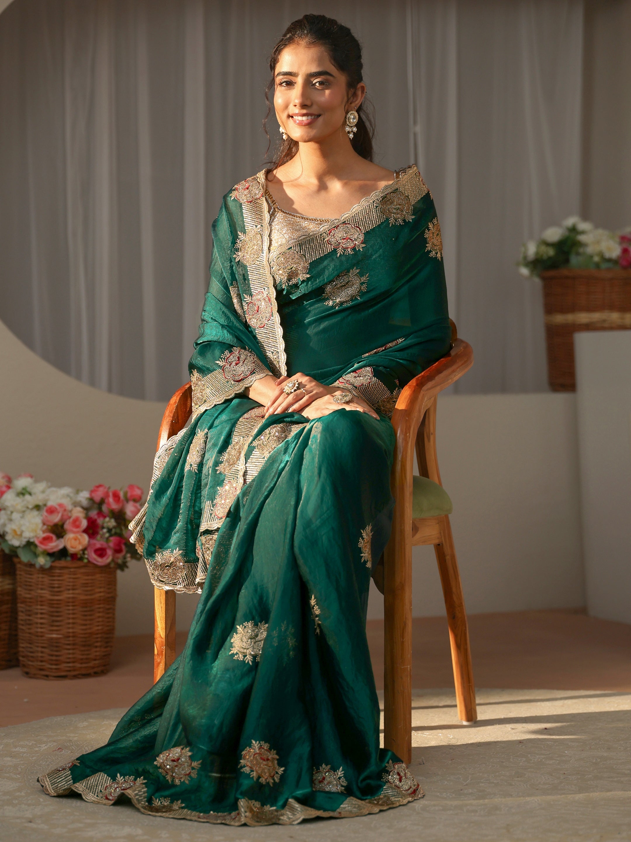 libas Green Floral Embroidered Tissue Saree-picture-17