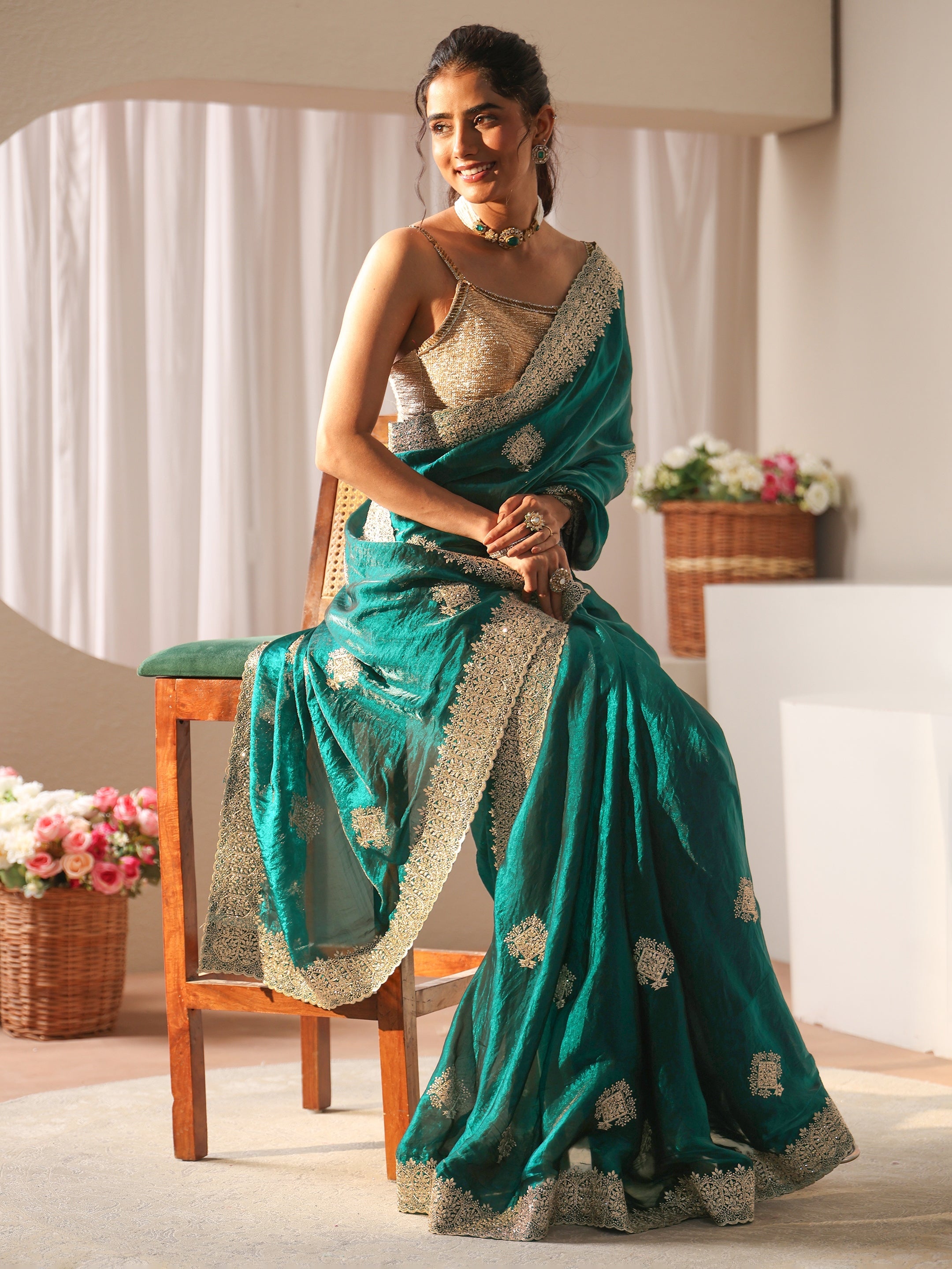 libas Green Floral Embroidered Tissue Saree-picture-45