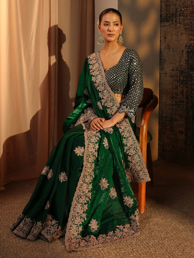 Libas Green Floral Embroidered Tissue Saree With Unstitched Blouse Piece