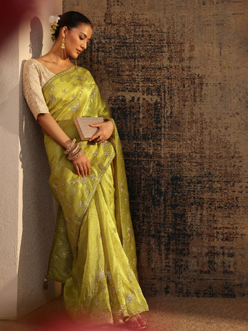 Green Floral Embroidered Tissue Saree With Unstitched Blouse Piece
