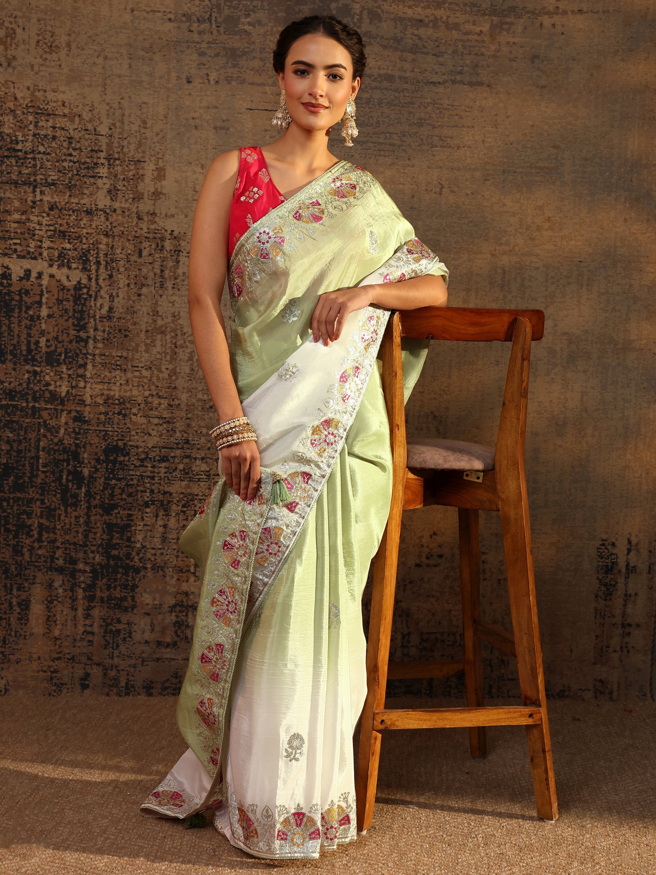 libas Green Floral Embroidered Tissue Saree With Unstitched Blouse Piece-picture-10