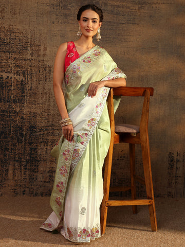 Green Floral Embroidered Tissue Saree With Unstitched Blouse Piece