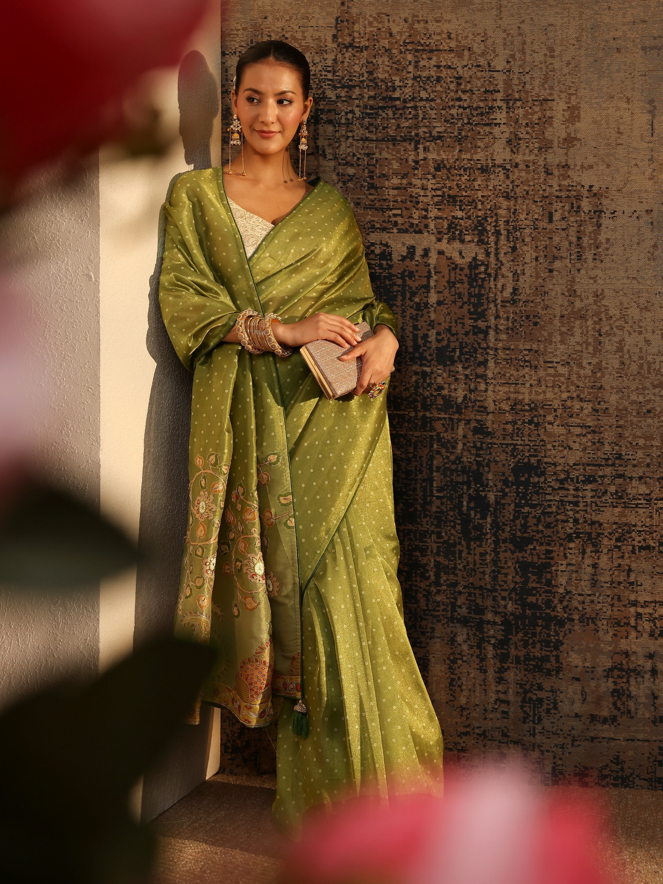 libas Green Floral Embroidered Tissue Saree With Unstitched Blouse Piece-picture-35