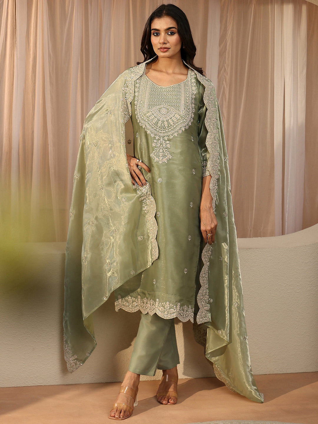  Green Floral Embroidered Tissue Straight Suit Set 