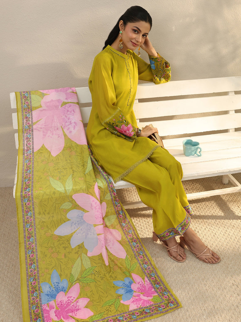 Libas Green Floral Printed Chanderi Silk Straight Suit Set