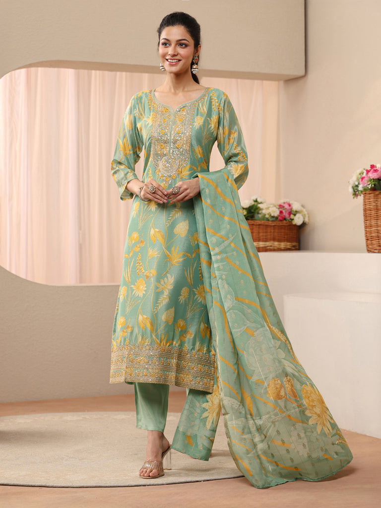 Libas Green Floral Printed Chinon Straight Suit Set