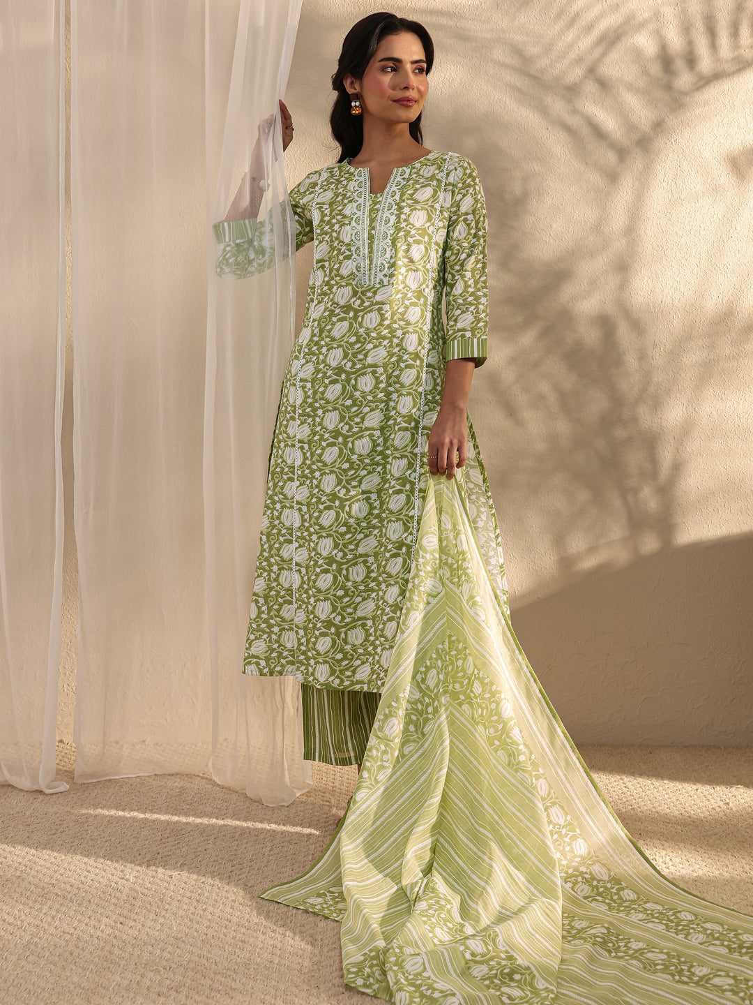 Green Floral Printed Cotton A-Line Suit Set With Dupatta