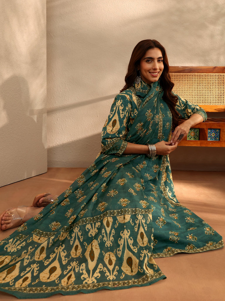 Libas Green Floral Printed Cotton Blend A-Line Suit Set With Dupatta