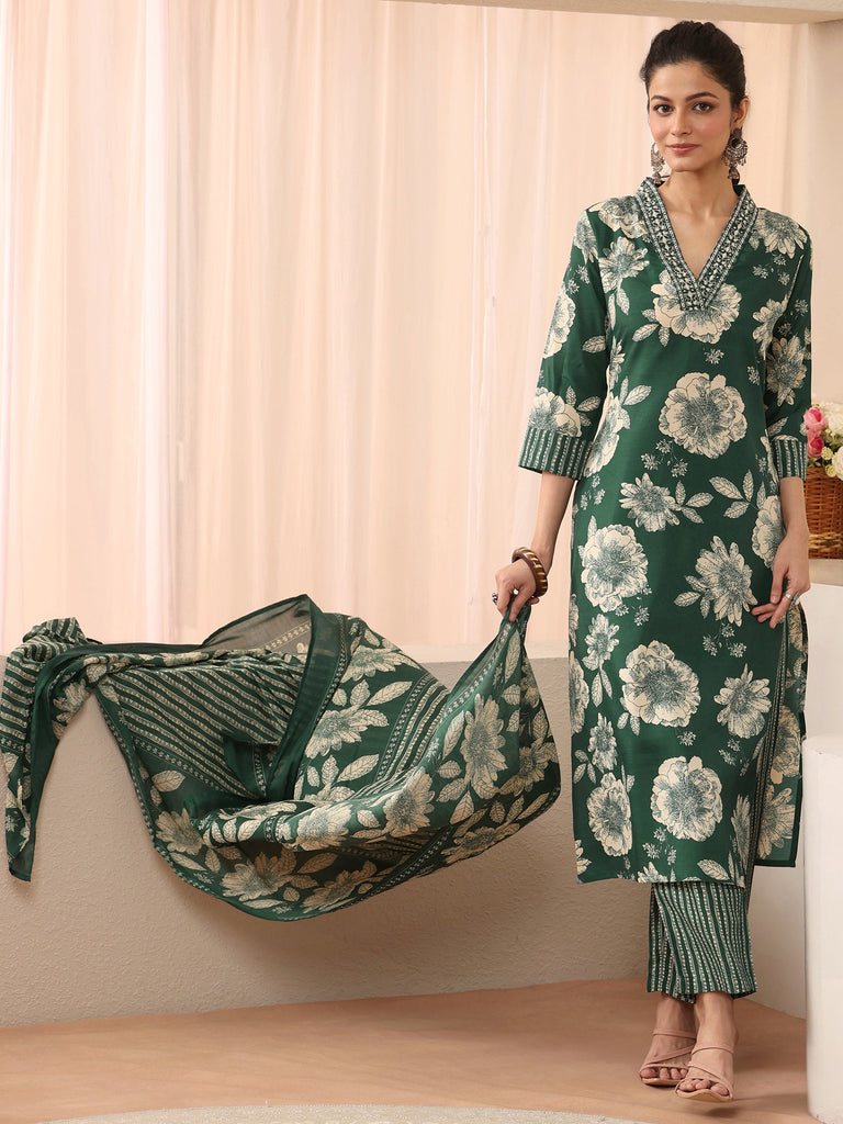 Gerua Green Floral Printed Cotton Blend Straight Suit Set