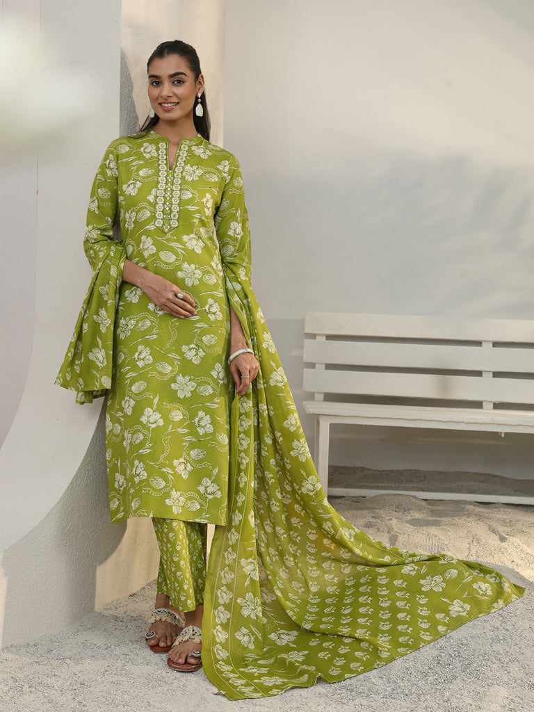 Gerua Green Floral Printed Cotton Blend Straight Suit Set With Dupatta