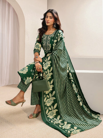 Green Floral Printed Cotton Blend Straight Suit Set With Dupatta