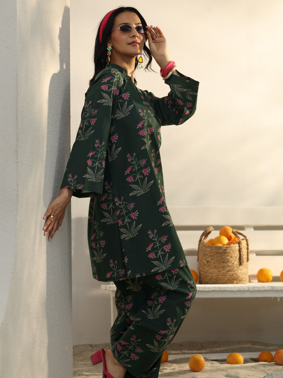  Green Floral Printed Cotton Co-Ord Set 