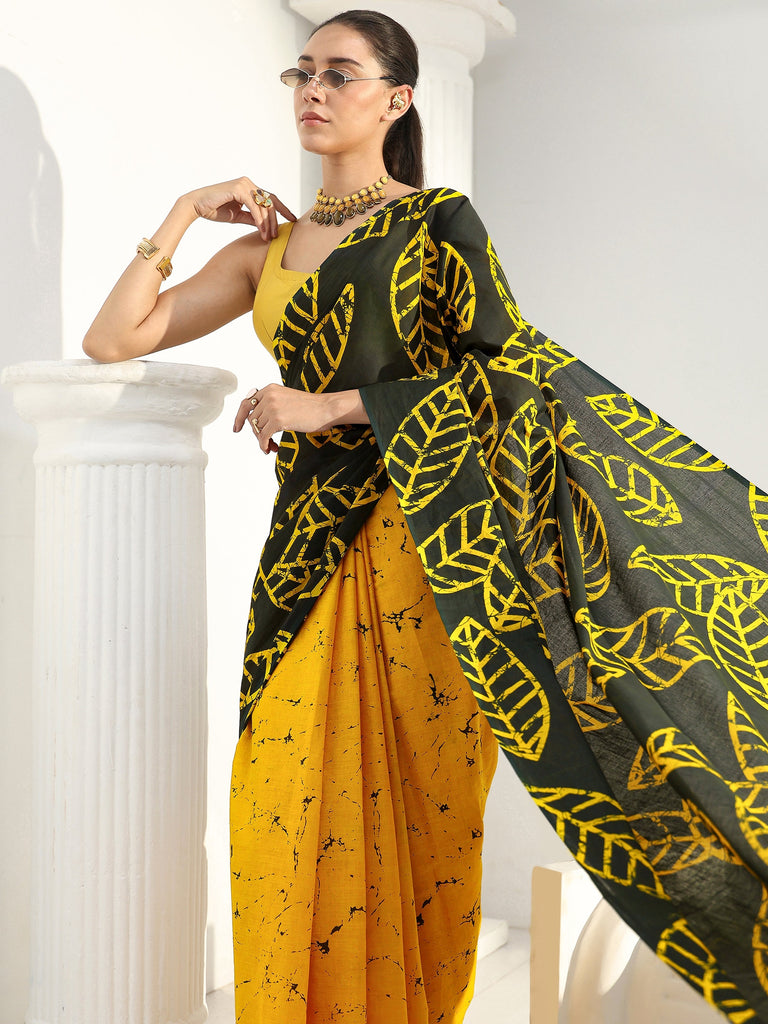 Libas Yellow and Green Leaf Batik Print Cotton Saree