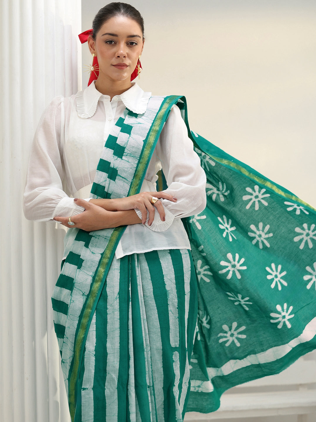  Green Floral Printed Cotton saree 