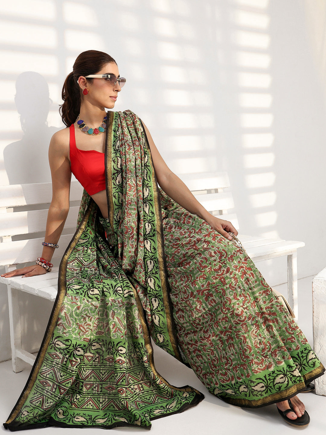  Green Floral Printed Cotton saree 