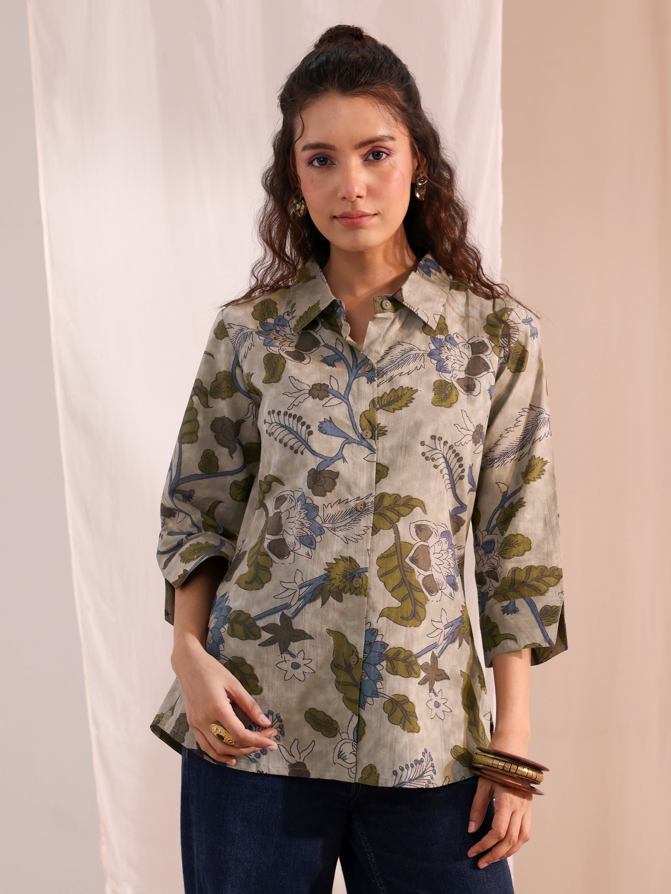 Green Floral Printed Cotton Shirt-image-11