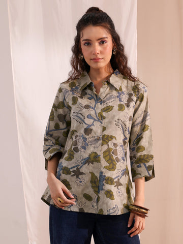 Green Floral Printed Cotton Shirt