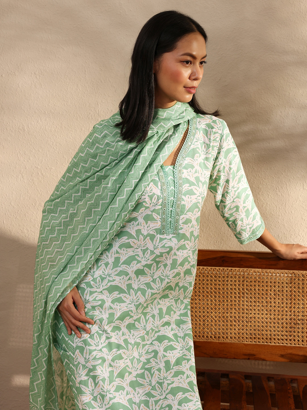  Green Floral Printed Cotton Straight Suit Set With Dupatta 