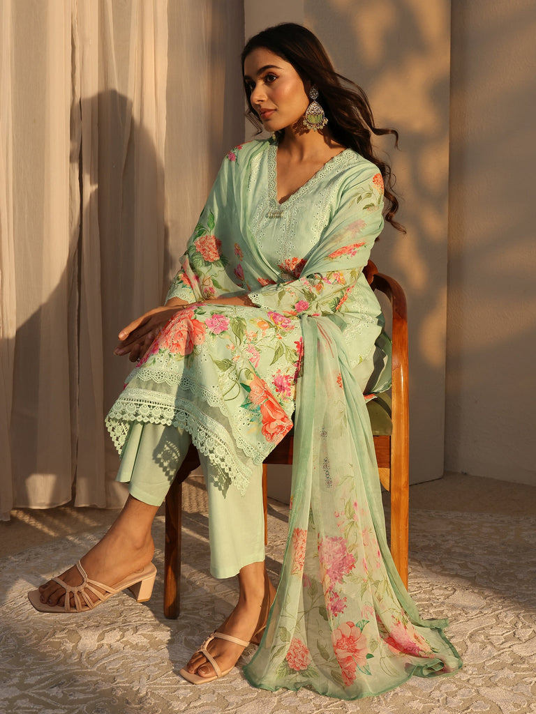 Libas Green Floral Printed Cotton Straight Suits Set With Dupatta