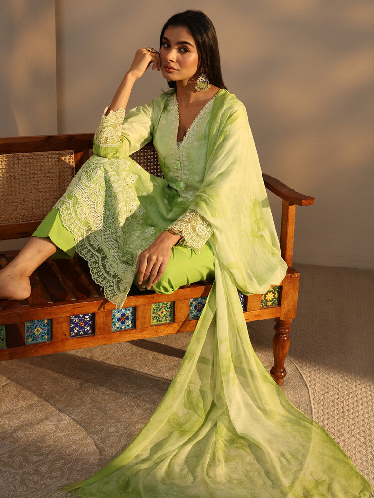 Libas Green Floral Printed Cotton Straight Suits Set With Dupatta