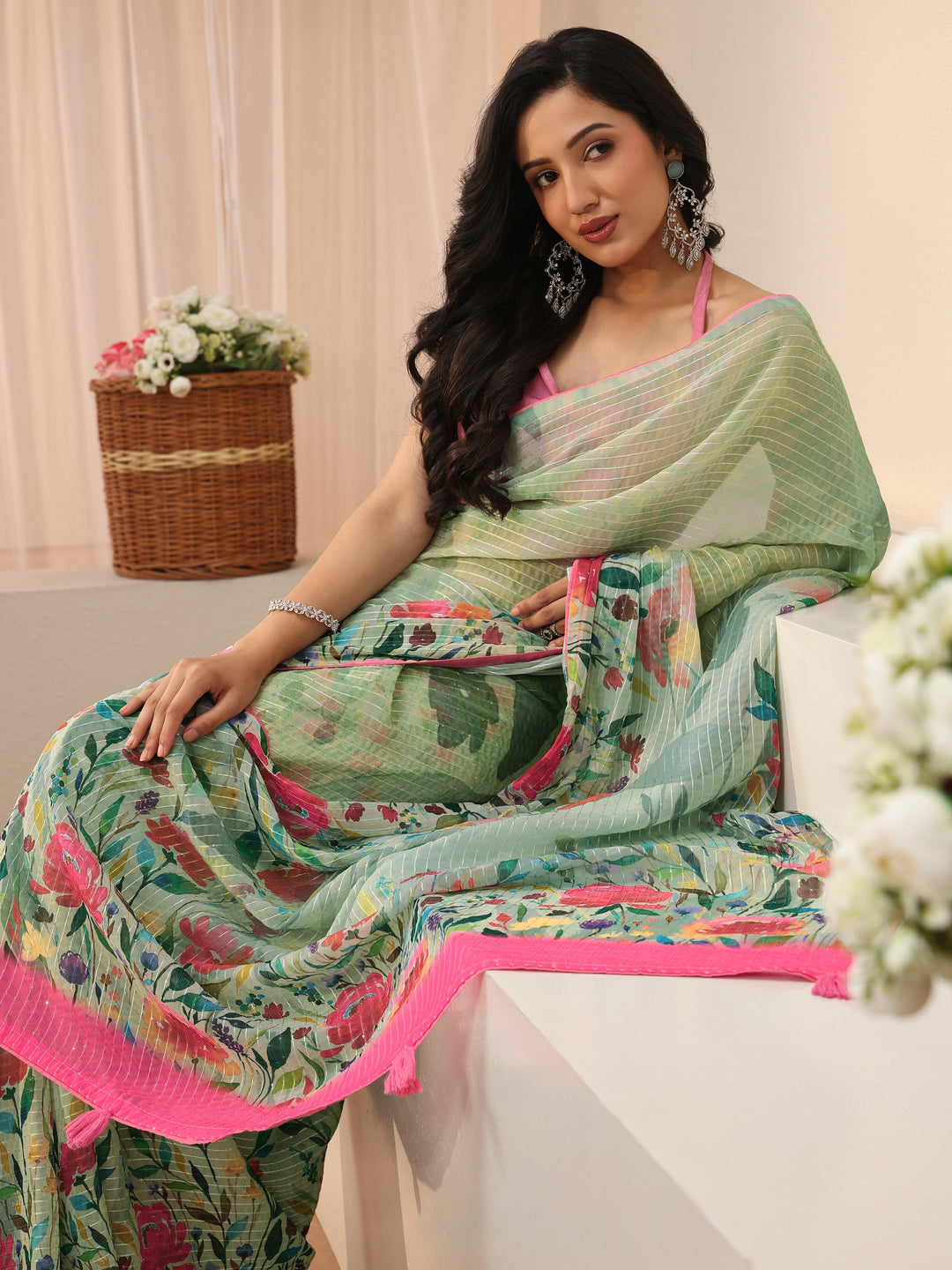  Green Floral Printed Silk Blend Saree 