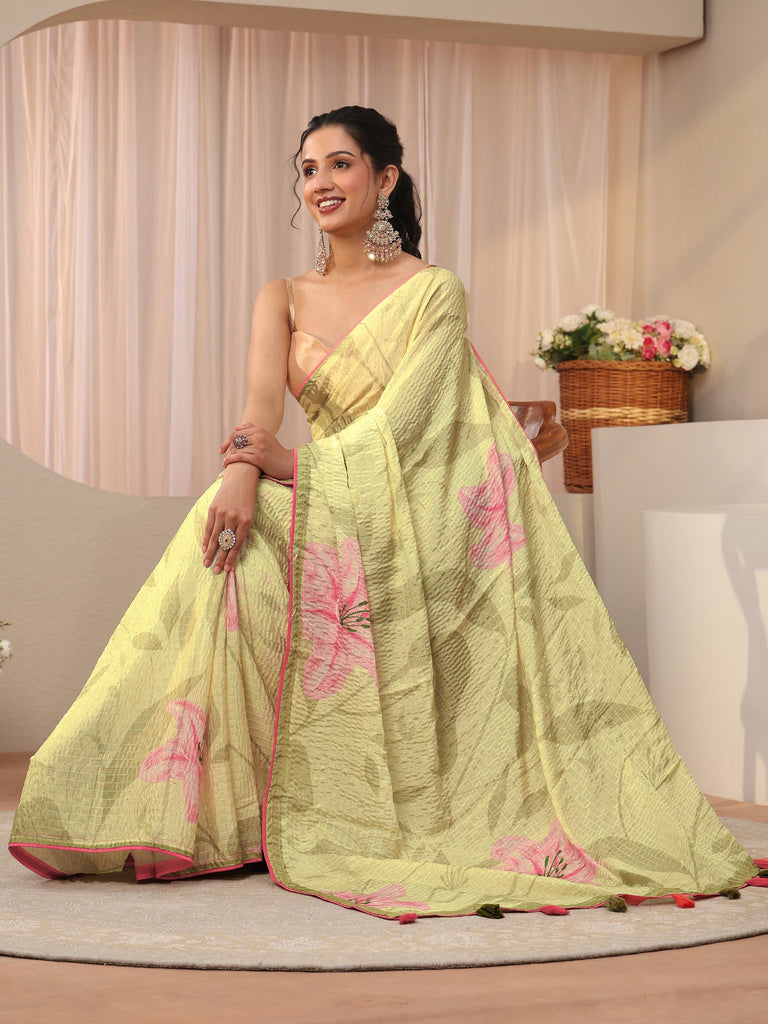 Libas Green Floral Printed Silk Blend Tassel Saree